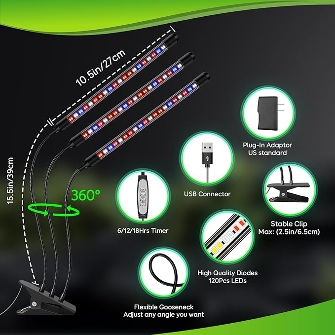Tri-Heads Grow Lights for Indoor Plants, Full Spectrum Plant Lights for Indoor Growing with Adjustable 360° Gooseneck, 6/12/18H Timer & Dimming for Seedlings, Succulents, and Houseplants.