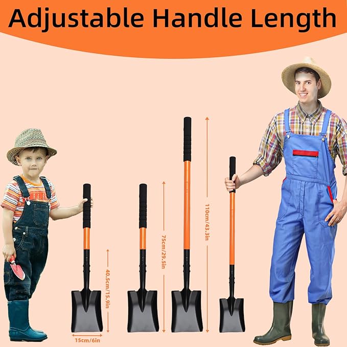 Small Square Shovel 43.3Inches Heavy Duty Garden Tools with Metal Handle, Small Transfer Spade for Digging Camping Car Beach Shovel, Orange