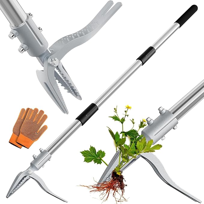 Weed Puller Tool with Gloves, Long Handle Stand Up Weed Tool, Heavy Duty Weeder Remover Tool with 4 Claw Steel Head for Garden, Yard, Lawns, Sidewalk