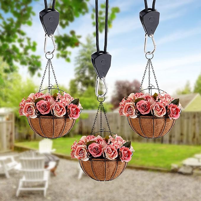 Rope Clip Hanger, 4 Packs 1/8 in Reinforced Adjustable Height Anti-Loose Design Gears Clip for Growing Light Fixtures, Hanging Plants, 8 FT Length 150lbs Weight Capacity