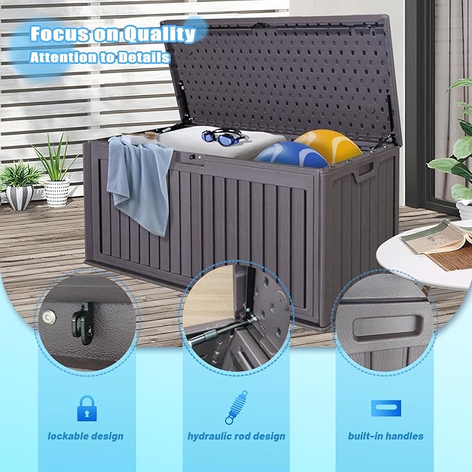 100 Gallon Outdoor Storage Box Waterproof, Resin Deck Box with Dual-Wall, Patio Cushion Storage Box for Garden Tools, Pool Supplies, Toy