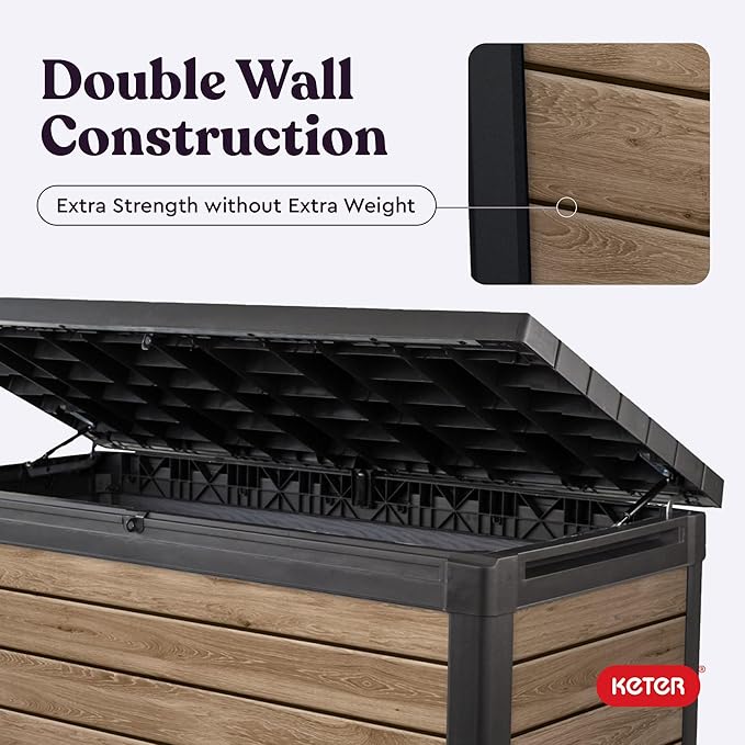 Keter Signature Collection 150 Gallon Resin Deck Box Organization and Storage Box for Patio Outdoor Cushions, Throw Pillows, Garden Tools and Pool Supplies, Ashwood
