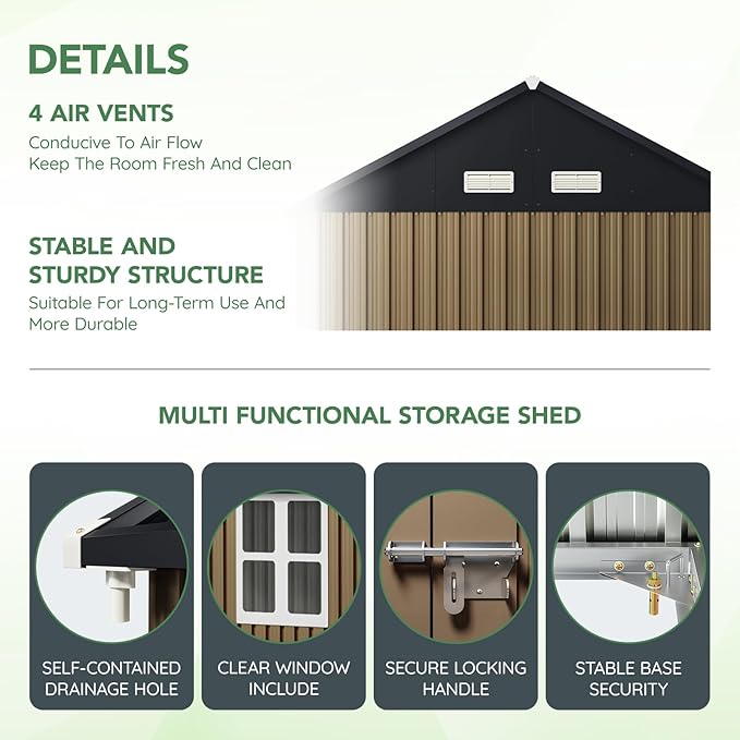 8X6FT Outdoor Steel Storage Shed with Lockable Doors, Frame Floor (No Wood/Other Boards),One Window,Ideal for Garden, Backyard, Patio Storage,Brown