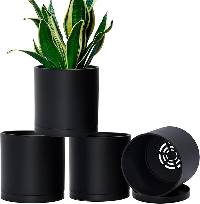 D'vine Dev 4 Pack 6.5 Inch Modern Plastic Plant Pots, Small Garden Planters for Plant with Drainage Holes and Saucers, Black Color, 74-Y-L-2