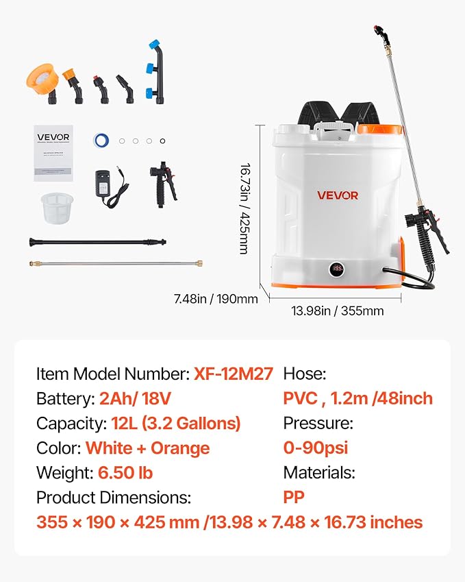 VEVOR Battery Powered Backpack Sprayer, 3.2 Gal Powerful Electric Backpack Sprayer, 2 Retractable Wands & 5 Nozzles, Adjustable 0-90 PSI, 2 Hour Runtime, Portable Weed Sprayers for Yard Garden Lawn