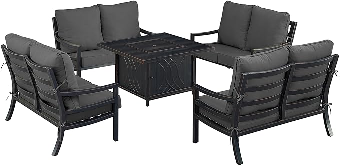 Oakland Living Black Aluminum Patio Fire Table Set with Four Deep Seating Loveseat with Cushions with Black Cushions