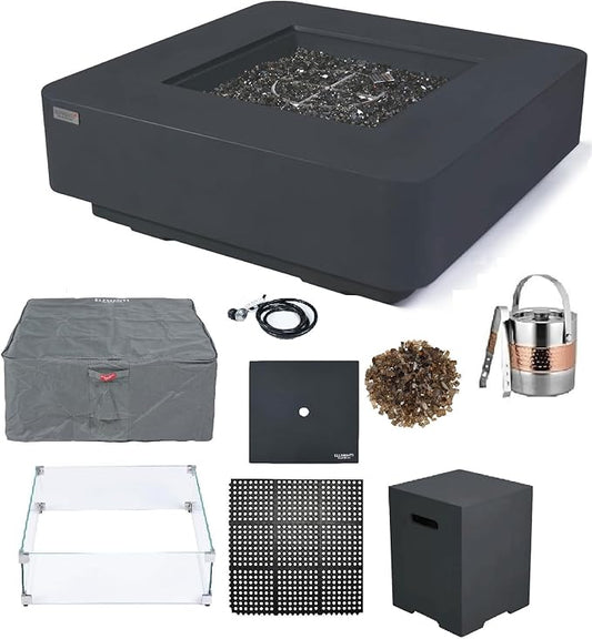 Elementi+ | Bundle Bergamo Gas Fire Pit Cast Concrete 42" Square Fire Table, Outdoor Fire Pit Electronic Ignition | Canvas Cover, Fire Glass and Burner Lid Included | Dark Gray | Propane Gas