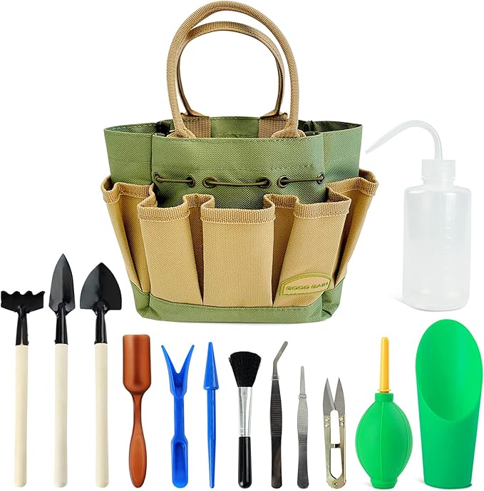 G GOOD GAIN Garden Succulent Kit with Organizer Bag, 14 Pieces Succulent Tools, Indoor Mini Hand Gardening Tools Set with Carrier for Bonsai Planter Miniature Fairy Planting Care(Green)