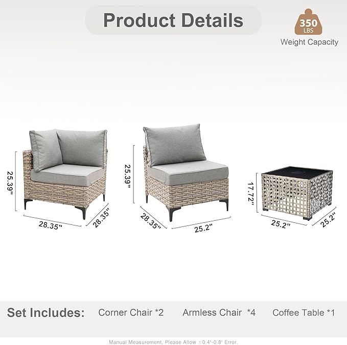 HOOOWOOO Outdoor Patio Furniture Set,7 Pieces Wicker Out Door Sectional Furniture L Shaped Couch,Outside Patio Conversation Sets with LED Table,Charcoal Gray