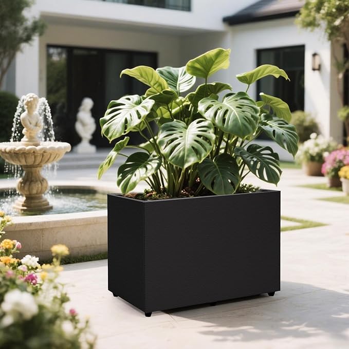 4 Pack Planter Box Rectangular Block - 24×16×12IN Galvanized Steel Long Planter Easy Installation Modern Outdoor Tall Planters All-Weather Use with Drainage Holes for Patio/Porch(Black)