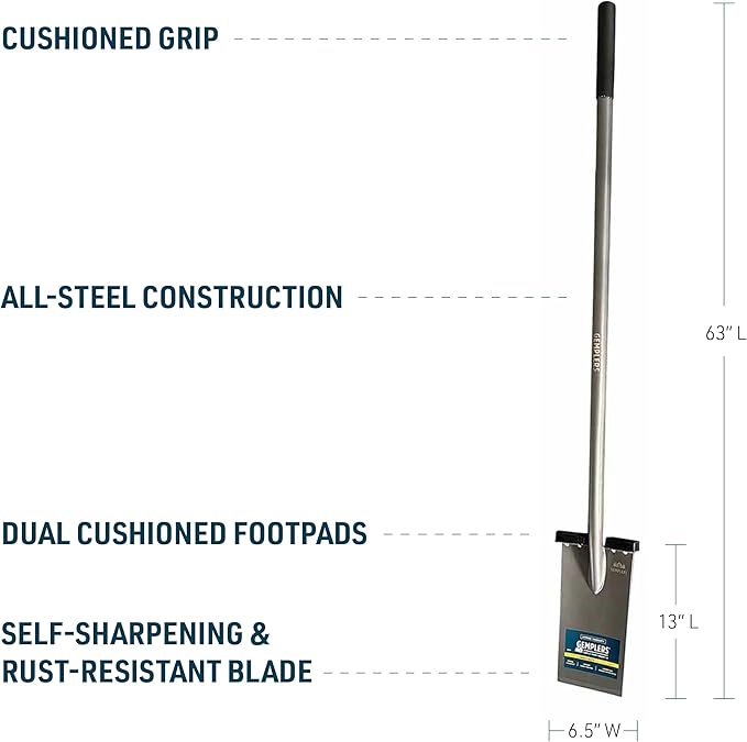 Gemplers Long Handle All-Steel Spade, Self-Sharpening Blade, Two Cushioned Footpads, 63" L