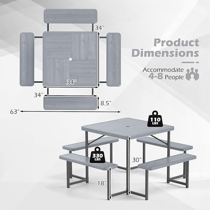 Tangkula 8 Person Picnic Table, HDPE Outdoor Square Table and Bench Set with 4 Built-in Benches, Umbrella Hole, Metal Frame for Garden Yard Patio Lawn