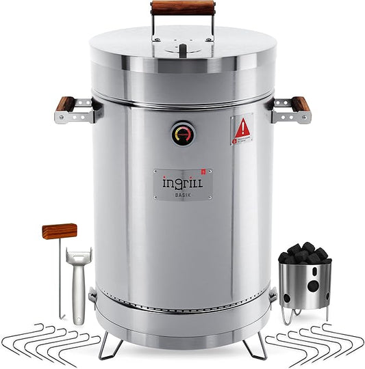 Charcoal Grills - Basic 25 lbs - Stainless Steel Smoker Grill 3-in-1 for Cooking & Home BBQ - Portable Vertical Smoker Barrel for Outdoor & Camping - Meat Grill with Thermometer & Accessories