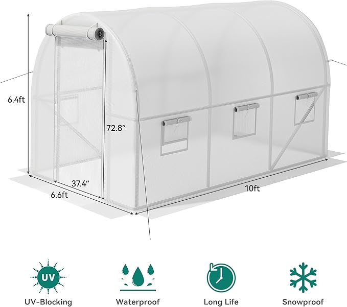 YITAHOME 10x6.5x6.5ft Greenhouses Large Walk-in Green House Heavy Duty Tunnel Green Houses Outdoor Portable Plant Gardening Upgraded Galvanized Steel Frame Zipper Doors 5 Crossbars Garden, White