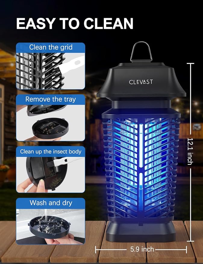 CLEVAST Bug Zapper Outdoor - Electric Mosquito Killer with UV Light, Waterproof Fly Trap for Patio, Yard, Garden, Indoor Use, Black Insect Zapper Lamp - Modern