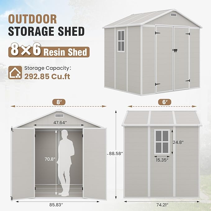 Outdoor Storage Shed, 8x6 FT Resin Shed with Floor and Vents, Window & Lockable Door, Tool Sheds & Outdoor Storage for Bike, Tools, Garden Accessories, Waterproof (Sandstone)