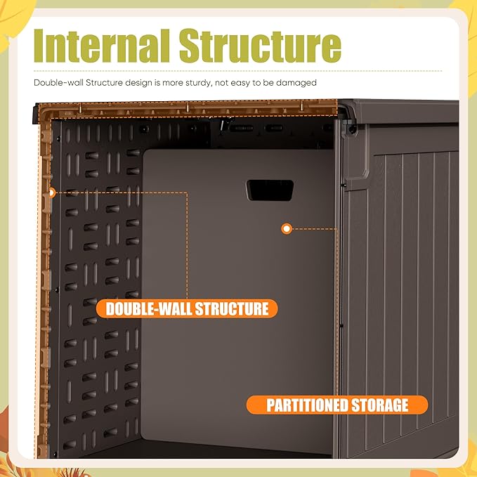 Devoko 240 Gallon Double-Wall Deck Box with Divider, Side Handles, Resin Outdoor Large Storage Box Waterproof and Lockable for Patio Furniture, Garden, Pool (Brown)