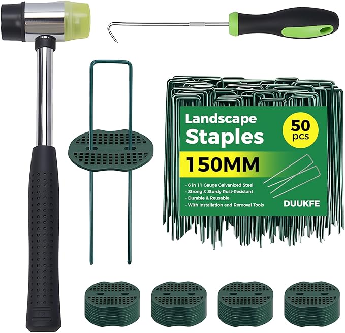 50pcs 6 Inch Green Artificial Turf Stakes Staples+50pcs Washers+Pick Hook+Rubber Mallet, 11 Gauge Landscape Staples, Galvanized Lawn Spikes Yard Ground Pin for Artificial Grass Weed Barrier Sod Fabric