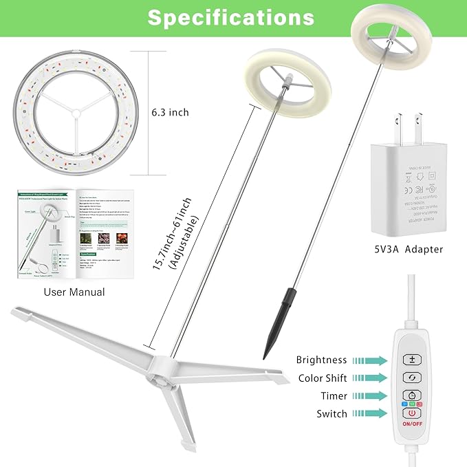 Grow Light for Indoor Plants with Tripod Stand, Full Spectrum Plant Lamp 61" Tall Halo Grow Lights for Plant with Automatic Timer, 72 LEDs Plant Light Height and Brightness Adjustable