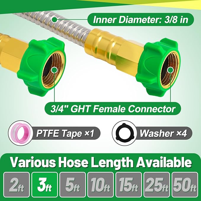 3ft Short Garden Hose with Female to Female Connector - Metal Leakproof Leader Hose for Hose Reel, Heavy Duty 304 Stainless Steel Flexible Hose for Outdoor Garden Watering Car Pet Cleaning