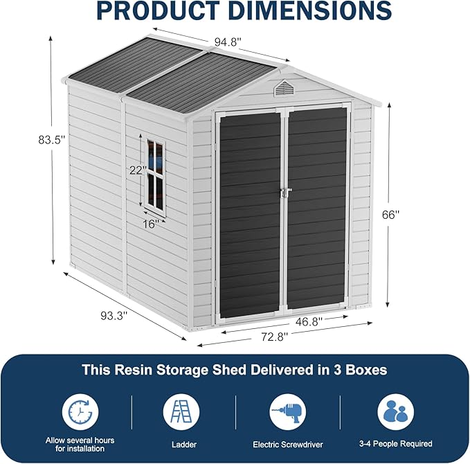 CDCASA 8x6 FT Resin Storage Shed, Large Waterproof Outdoor Sheds with Floor & Lockable Door & Vents, Plastic Tool Shed for Backyard, Patio, Poolside, Cabinet, Dove Grey