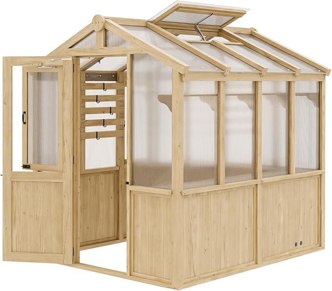 EAGLE PEAK 6.7x7.8x7.7 ft Wood and Polycarbonate Walk-in Greenhouse, Cedar Hobby Green House with Roof Vent, Natural