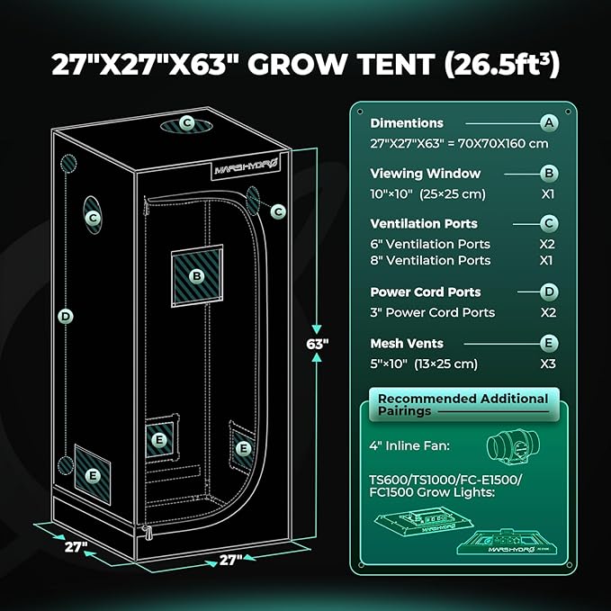 MARS HYDRO 2.3x2.3 Advanced Grow Tent, 27"x27"x63" High Reflective Mylar 1680D for Hydroponics Indoor Plant Growing, with Observation Window,Floor Tray and Smooth Zipper for TS600/SP150/TS1000