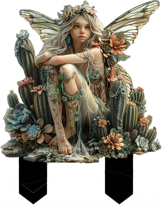 Fairy Garden Stake Decor, 2D Flat Acrylic Fairy Garden Decor Panel, Elf Yard Sign for Outdoor Indoor Yard Lawn Plants Pots, Fairy Garden Accessories (Cactus Fairy)