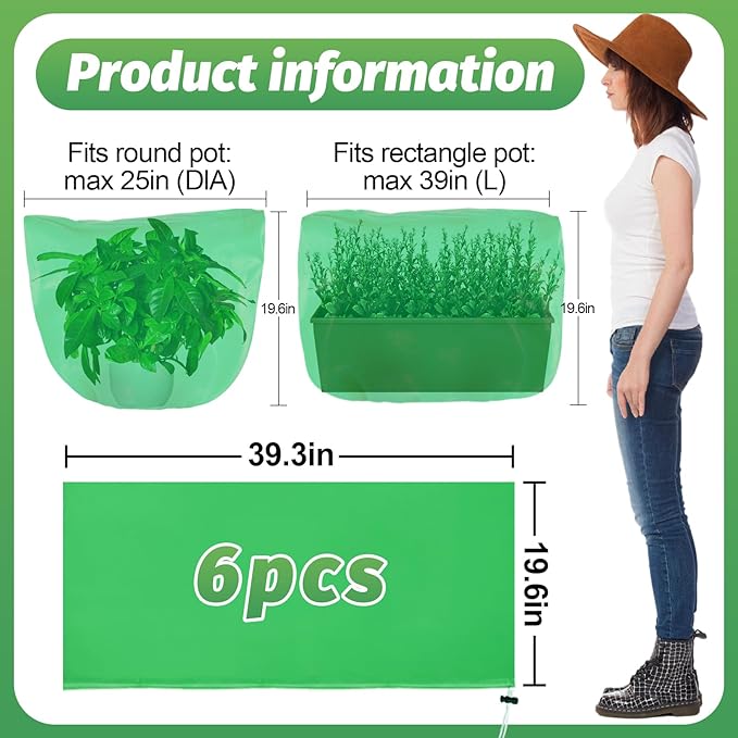 ANPHSIN 6 pcs Frost Protection Plant Covers - 19.6in x 39.3in Shrub Tree Plant Protection with Drawstring, Frost Cloth Wraps Blanket Freeze Bags for Winter Outdoor Garden Potted Plants Green