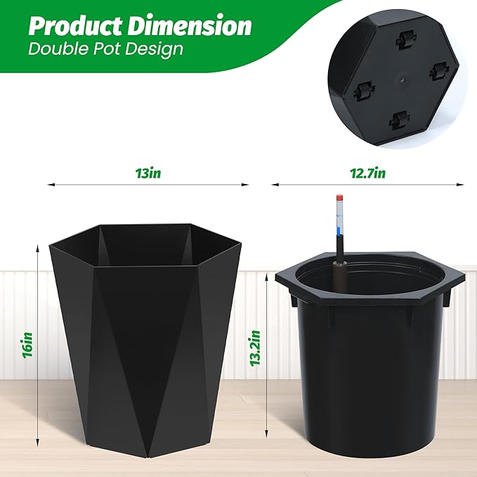16 Inch Tall Outdoor Planters Set of 2, Self Watering Pots for Indoor Plants with Water Level Monitor & Drainage Hole & Wheels, Large Planter Pots for Garden, Patio, Balcony, Black