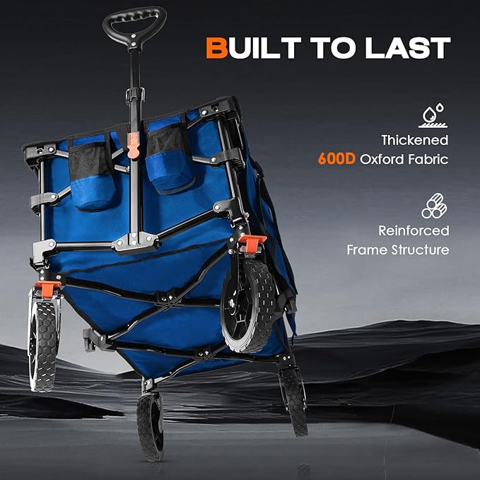 Navatiee 130L Collapsible Foldable Wagon With Wheels, Large Capacity Cart With Side Pocket and Brakes for Grocery Shopping, Garden and Outdoor Use, Blue