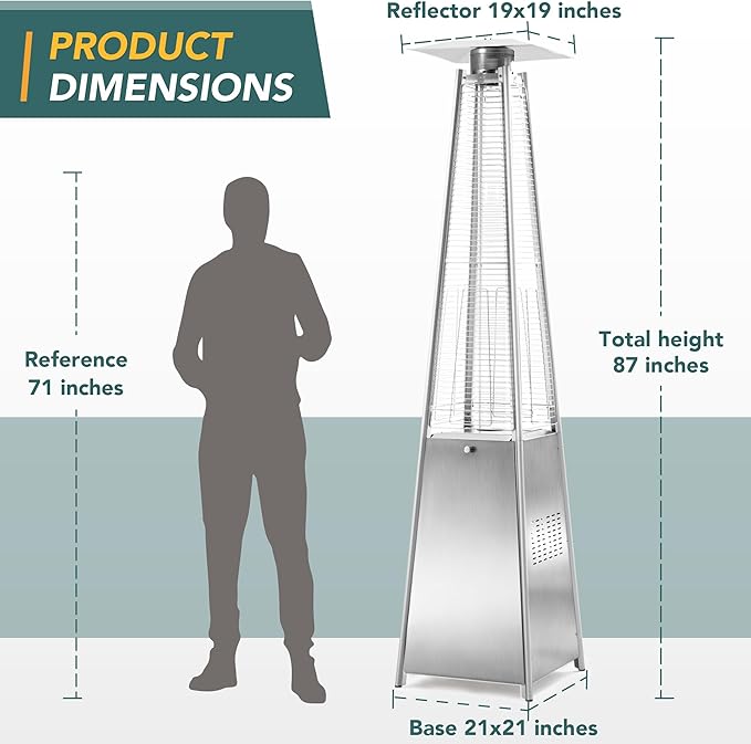 Pamapic Patio Heater, 48,000 BTU Pyramid Flame Patio Outdoor Heater with Cover, Quartz Glass Tube Stainless Steel Propane Heater with Wheels (Stainless Steel Color)