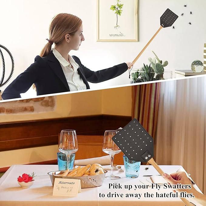 Heavy Duty Leather Fly Swatter, Long Handle Fly Swatter with Beech Wood Handle 19.7" Length, Flyswatter for Indoor and Outdoor (Black)