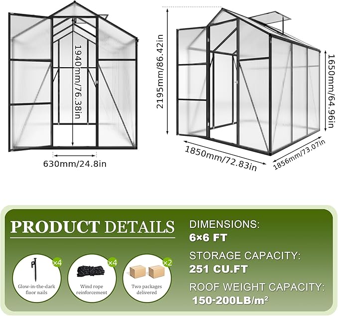 7.2FT High 6*6.2FT Greenhouse for Outdoors,Polycarbonate Greenhouse with Stronger Wind Protection and Roof Vent,Walk-in Large Aluminum Sunroom Winter Proof,Black