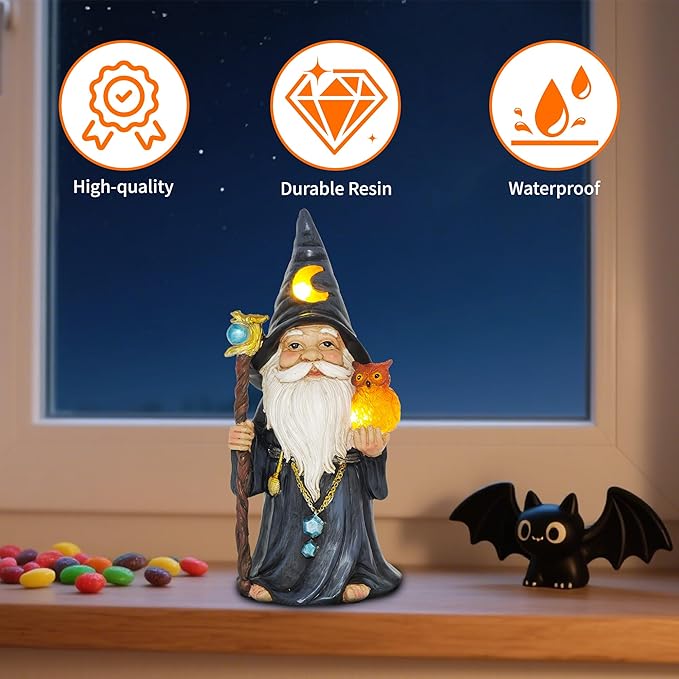 Helloween Solar Gnomes Decoration: 8.7'' Funny Merlin Statue with Owl & Magic Wand for Home Office Party Perfect Collectible Figurines Gift for Womens