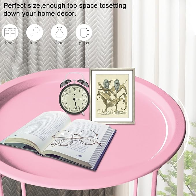 Garden 4 you End Table Set of 2, Outdoor Side Table, Small Patio Table Metal Side Table, Round Folding Side Table, for Outdoor and Living Room,Pink