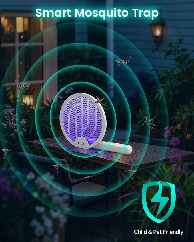 Bug Zapper, 4000V Electric Mosquito Swatter with 180-Degree Rotatable Head, VLISBO Rechargeable 1200mAh Battery, Portable Insect Killer for Home, Camping & Outdoor, Safe & Eco-Friendly, White