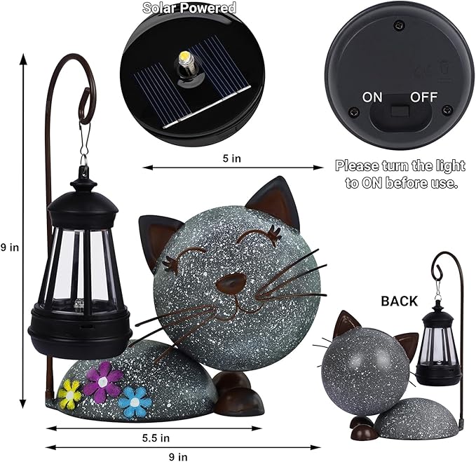 Glintoper Solar Garden Statue Cat Figurine with Lantern, Outdoor Metal Kitten Whimsical Lawn Porch Yard Art, Mothers Day Ideal Gifts, Lighted Ornaments for Patio Pathway Yard Decoration