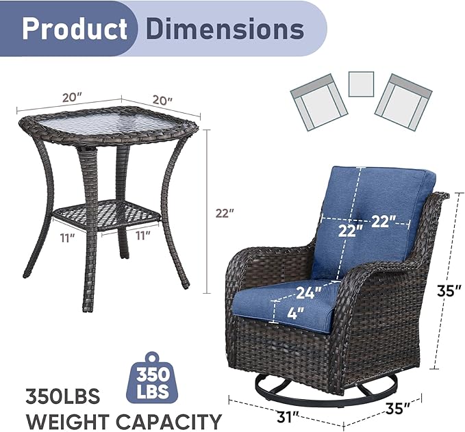 Patio Wicker Chairs Swivel Rocker,3 Pieces Patio Furniture Set with 360 Degree Wicker Swivel Rocking Chairs and Side Table for Garden,Porch,Backyard