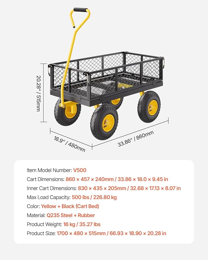 VEVOR 500 Lbs Steel Garden Cart, Heavy Duty Garden Wagon Cart Pullable on Wheels, Metal Yard Utility Wagon Carts with 10" All Terrain Tires, Mesh Removable Sides and 180°Rotating Handle