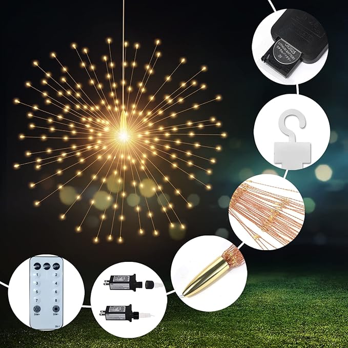 5 Pack 1000LED Plug in Starburst Sphere Lights,Firework Light 8 Modes Dimmable Remote Control Waterproof Hanging Copper Wire Fairy Light for Patio Party Tent Christmas (Warm White)