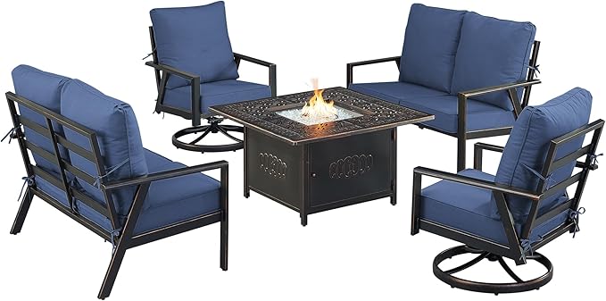Oakland Living Black Aluminum Patio Fire Table Set with Two Deep Seating Loveseat with Cushions and Two Club Chairs with Blue Cushions