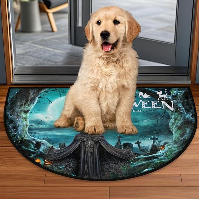 Halloween Half Round Door Mat, Halloween Pumpkin Cemetery Semicircle Door Mats, Non Slip Area Rug Soft Doormat for Indoor Entrance Wear Resistant Welcome Mat for Garage Patio Home Decor 24 x 36 In