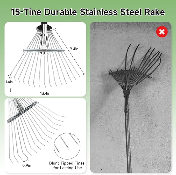 Metal Leaf Rake with Adjustable Handle,SAN LIKE 68 inch Garden Rake Set with 32 Gallon Leaf Bags Leaf Scoops,Heavy Duty Yard Rakes for Gardening Lawns Yard Outdoor Camping