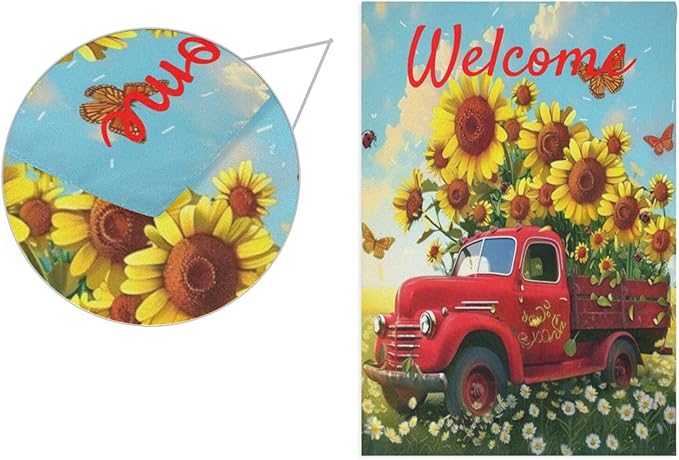 Welcome Flower Truck Garden Flag 18x24 inch Spring Old Car Daisy Sunflower Double Sided Decorative House Yard Flags for Spring Summer Garden Yard Outdoor Indoor Lawn Farmhouse Outside Decoration
