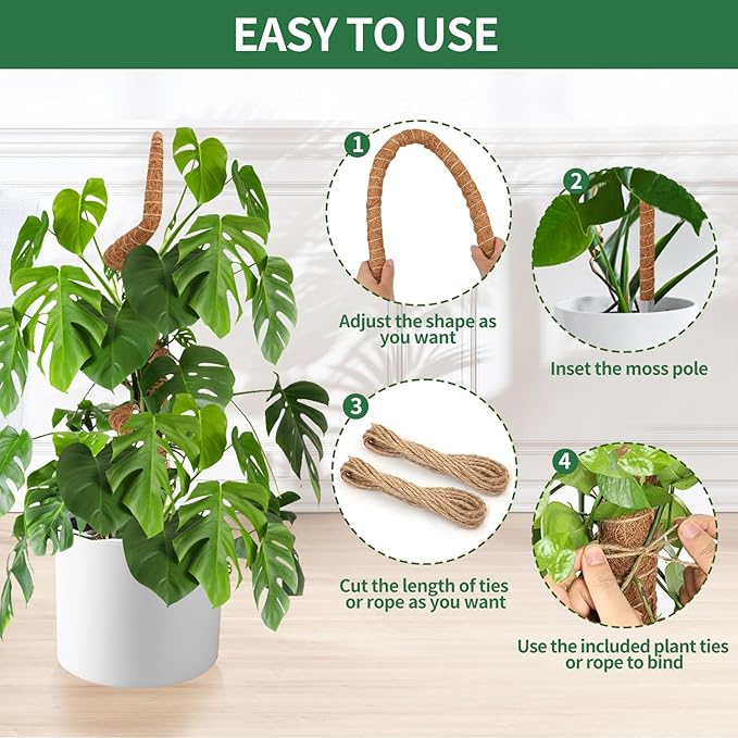 2 Pack Moss Pole, 48 Inch Bendable Moss Poles for Plants Monstera for Climbing Plants, Handmade Coco Coir Pole Plant Sticks Support Stakes for Indoor Plants to Grow Upwards