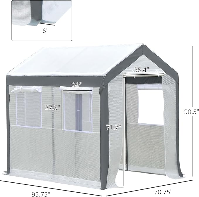 Outsunny 8' x 6' x 7' Walk-in Greenhouse, Outdoor Garden Warm Hot House with 4 Roll-up Windows, 2 Zippered Doors and Weather Cover, White
