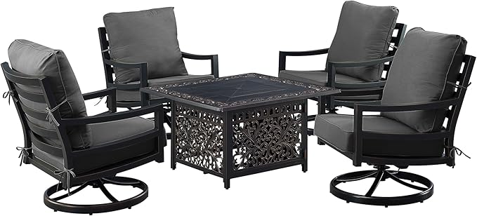 Oakland Living Black Aluminum Patio Fire Table Set with Four Club Chairs with Black Cushions