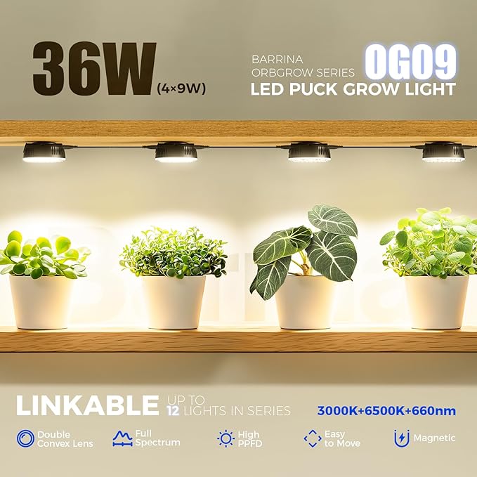 Barrina Orbgrow OG09 Puck Grow Light with Timer, 660nm Red LEDs, 36W(4 x 9W, 540 Watt Equiv), Full Spectrum Plant Light for Indoor Plants, Magnetic & Linkable, 5 Levels Dimmable, 4 Packs, Black