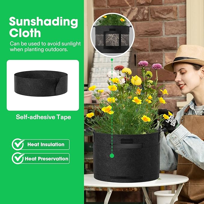 VIVOSUN 5-Pack 10 Gallon Potato Grow Bags, Thick Fabric Pots with 360 Visibility & Harvest Window, Black